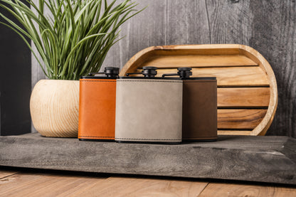 Customized Leather Wrapped Black Flasks - Manly Script