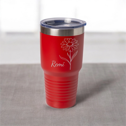 Customized 30oz Tumbler with Silver Lip - Birth Flower Designs (Horizontal Name)