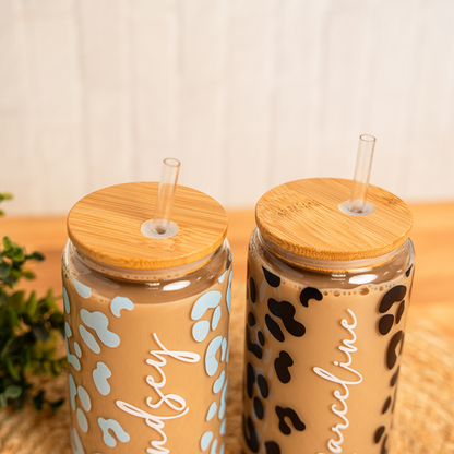 Customized Leopard Print Glass Can Cup with Bamboo Lid