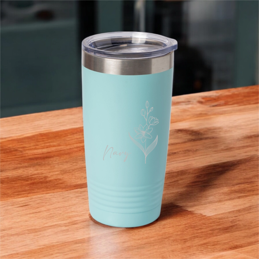 Customized 20oz Tumbler with Silver Lip - Birth Flower Designs (Horizontal Name)
