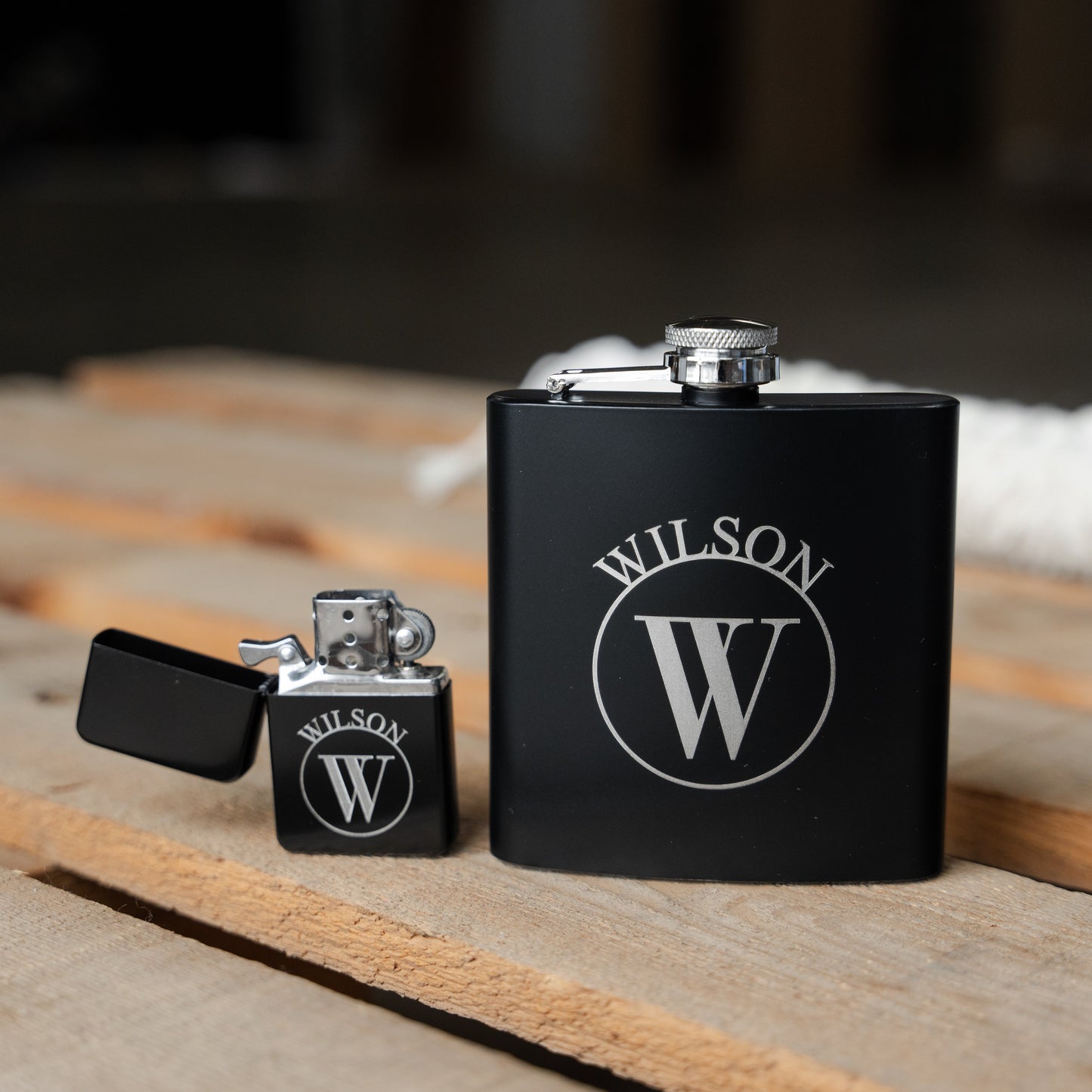 Set of 5 Personalized Black Flask and Lighter Sets - Groomsmen Gift
