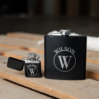 Set of 5 Personalized Black Flask and Lighter Sets - Groomsmen Gift