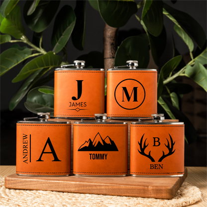 Groomsmen Gift Set of 5 Leather Wrapped Stainless Flasks