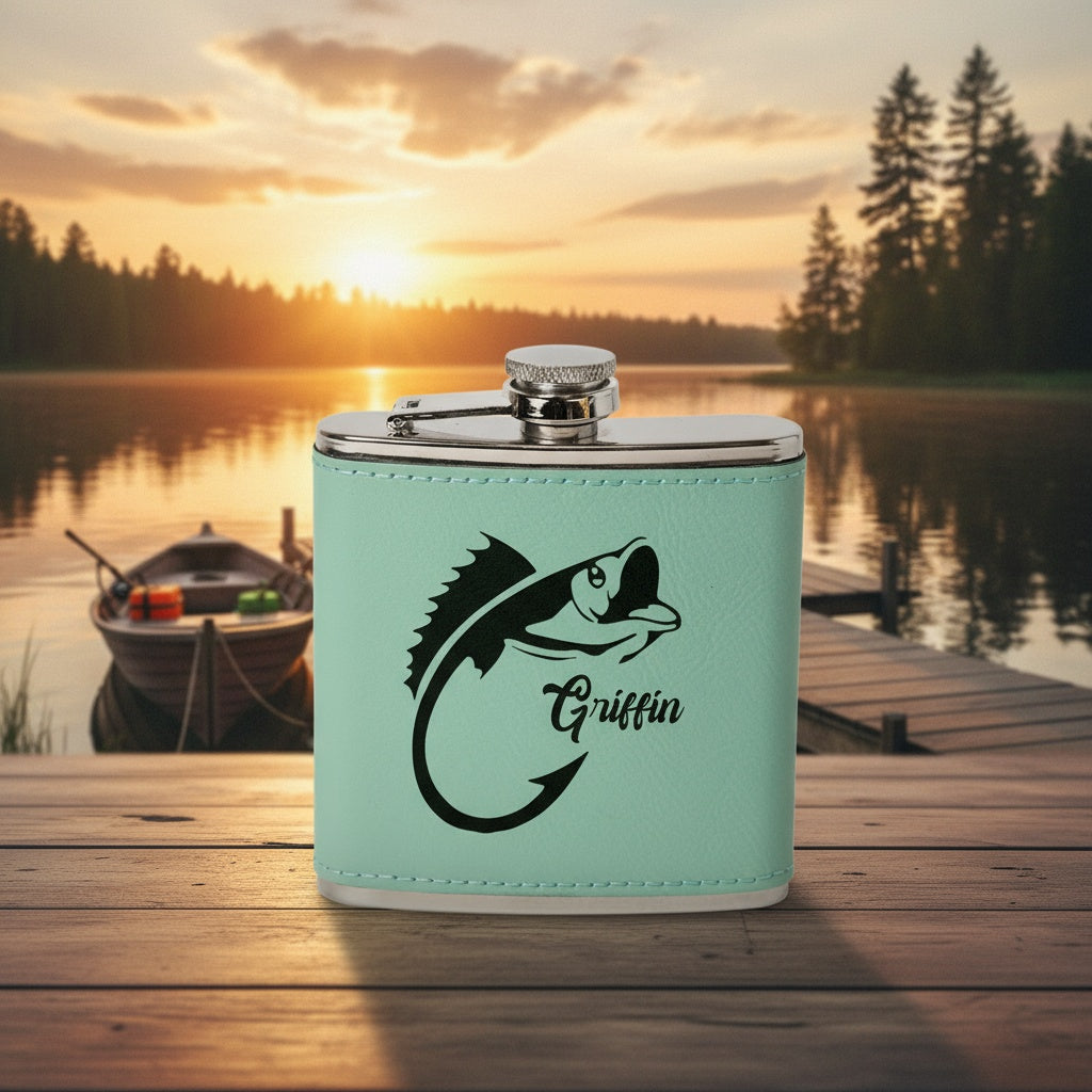 Customized Leather Wrapped Flasks With Fishing Designs