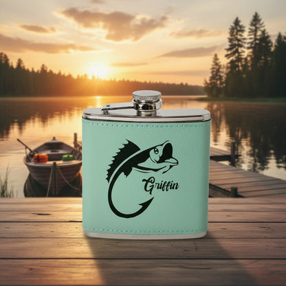 Customized Leather Wrapped Flasks With Fishing Designs