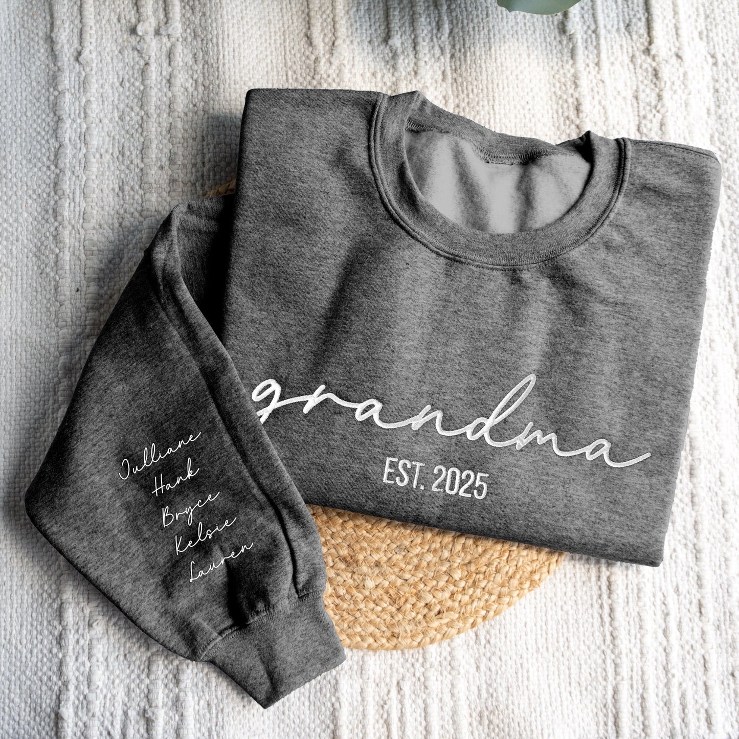 Custom Embroidered Grandma Sweatshirt with Names on Sleeve