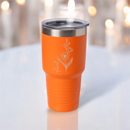 Customized 30oz Tumbler with Silver Lip - Birth Flower Designs (Vertical Name)