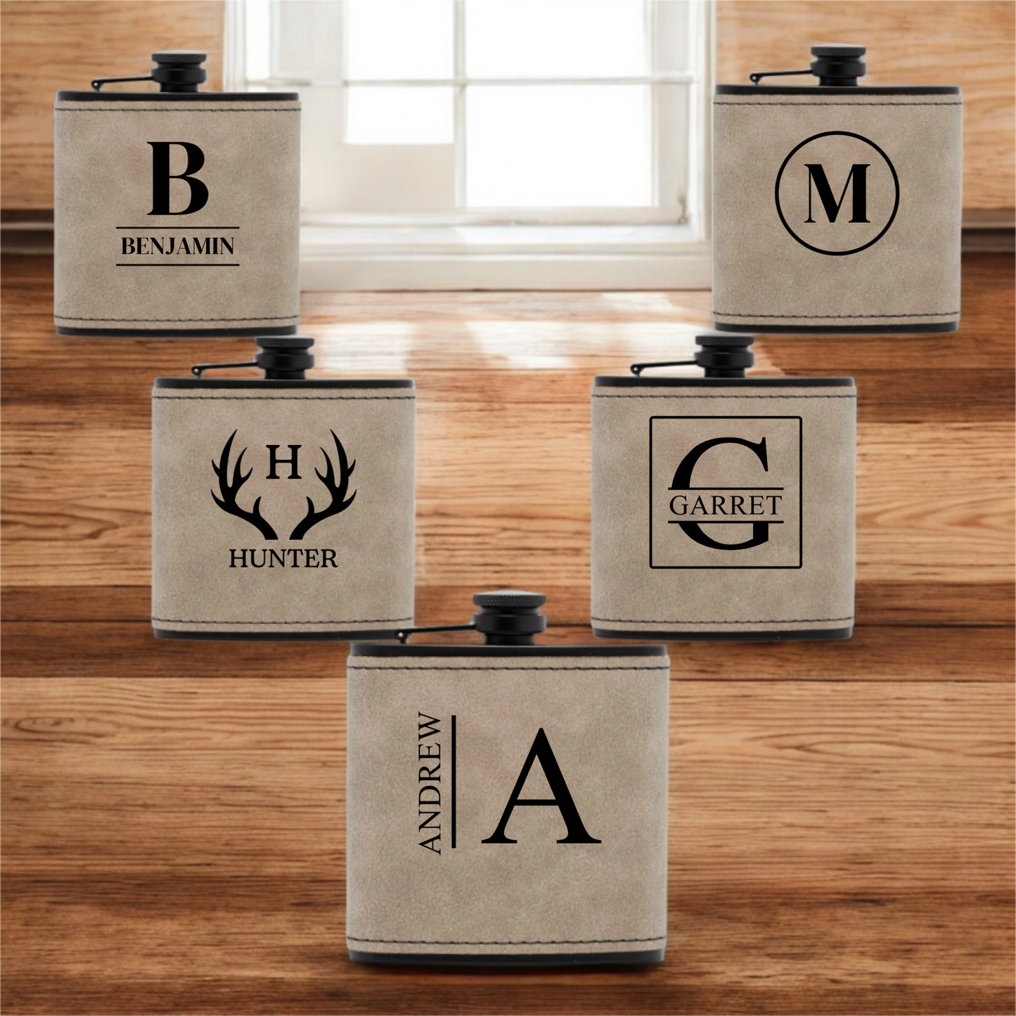 Groomsmen Gift Set of 5 Black Leather Flasks