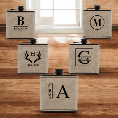 Groomsmen Gift Set of 5 Black Leather Flasks