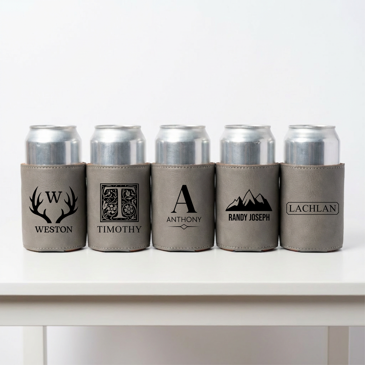 Set of 5 Custom Leather Can Coolers - Groomsmen Gift