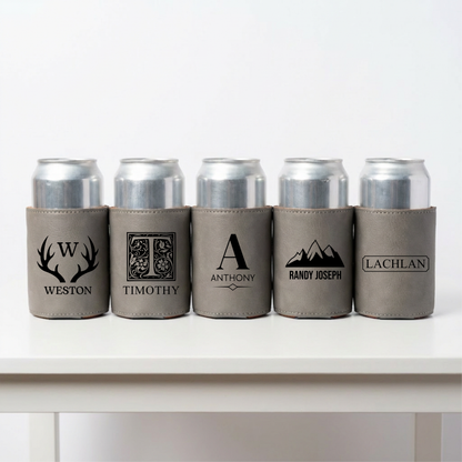 Set of 5 Custom Leather Can Coolers - Groomsmen Gift