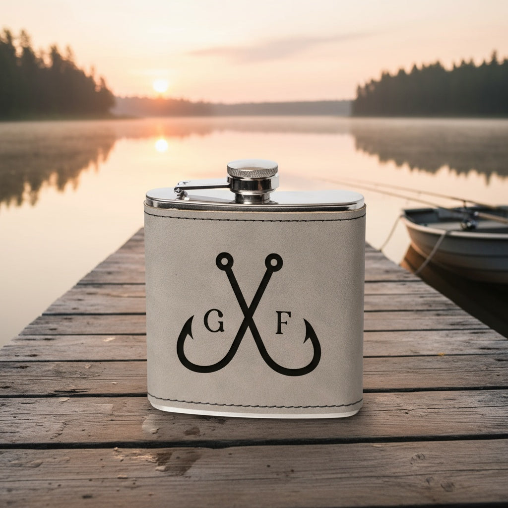 Customized Leather Wrapped Flasks With Fishing Designs