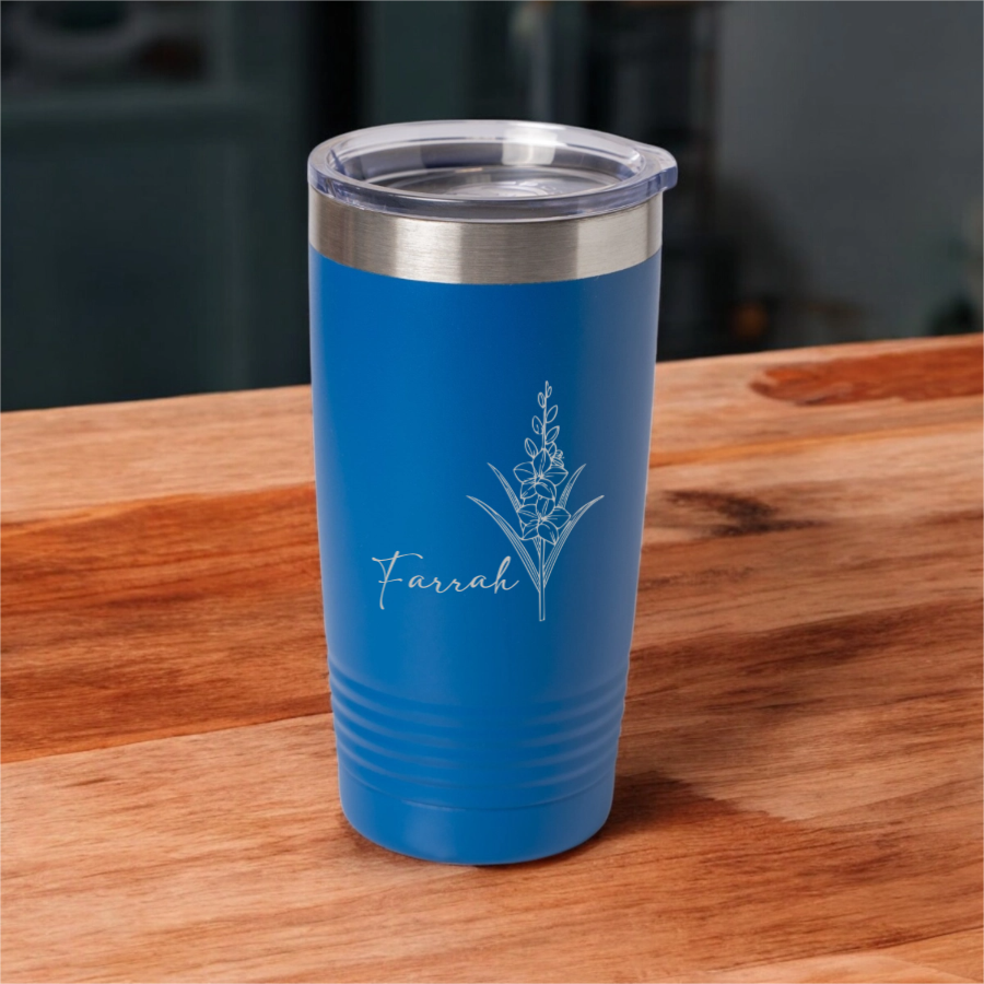 Customized 20oz Tumbler with Silver Lip - Birth Flower Designs (Horizontal Name)
