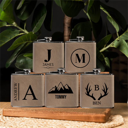 Groomsmen Gift Set of 5 Leather Wrapped Stainless Flasks
