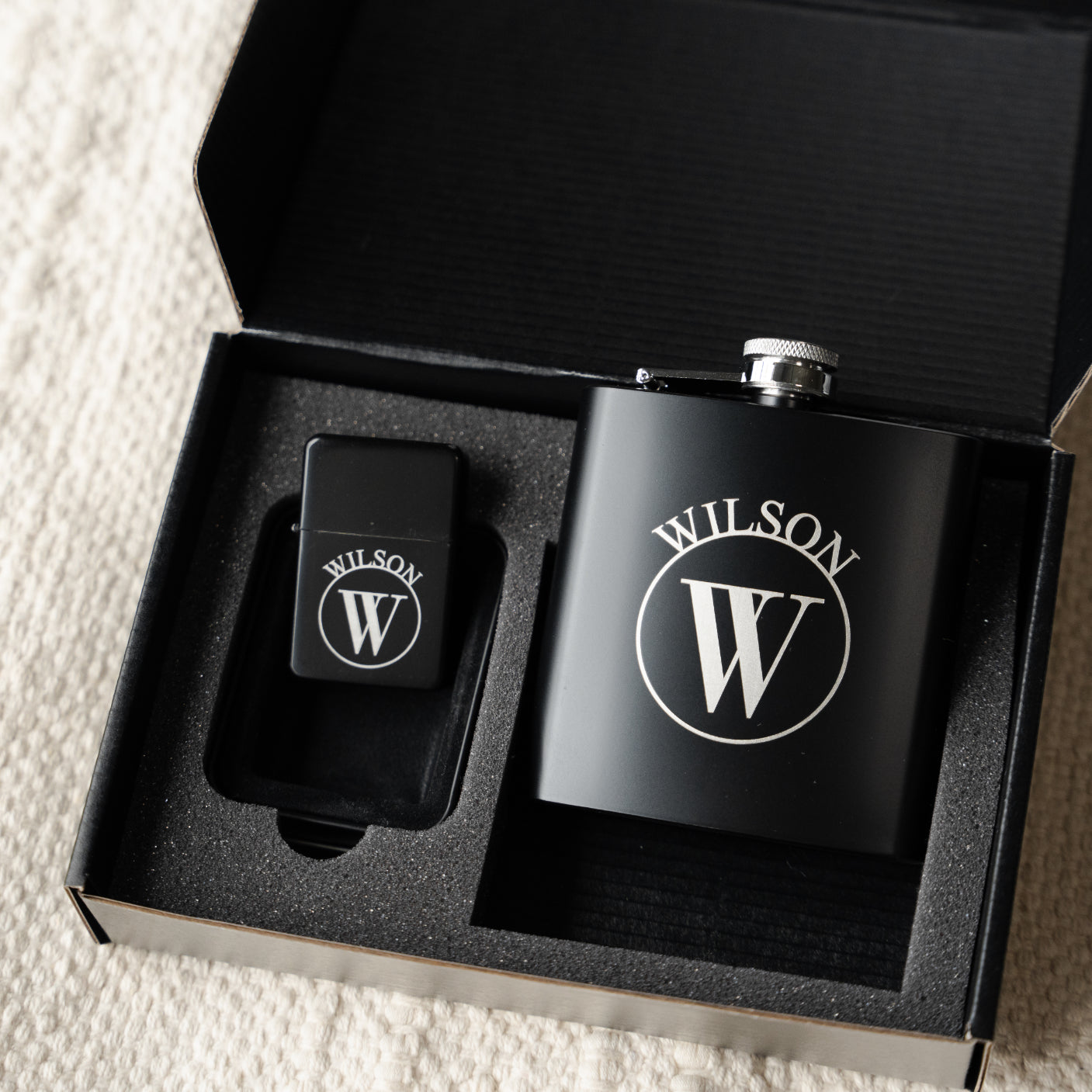 Customized Black Flask & Lighter Gift Set