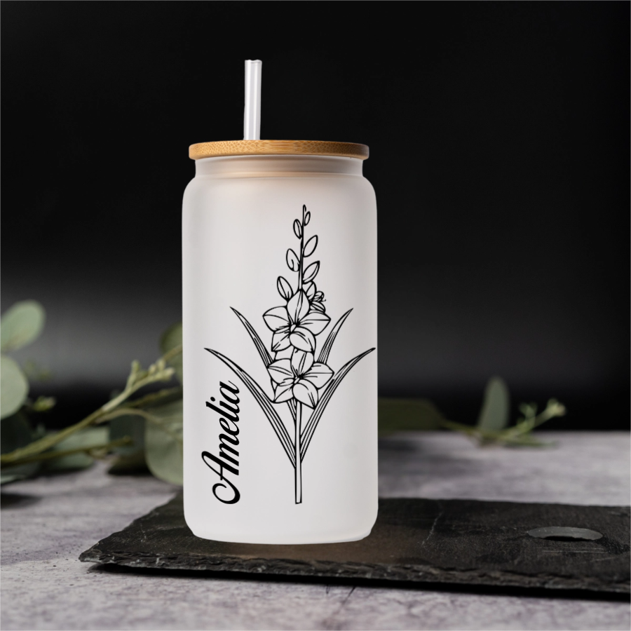 Customized Glass Cans - Birth Flower Designs (Vertical Name)