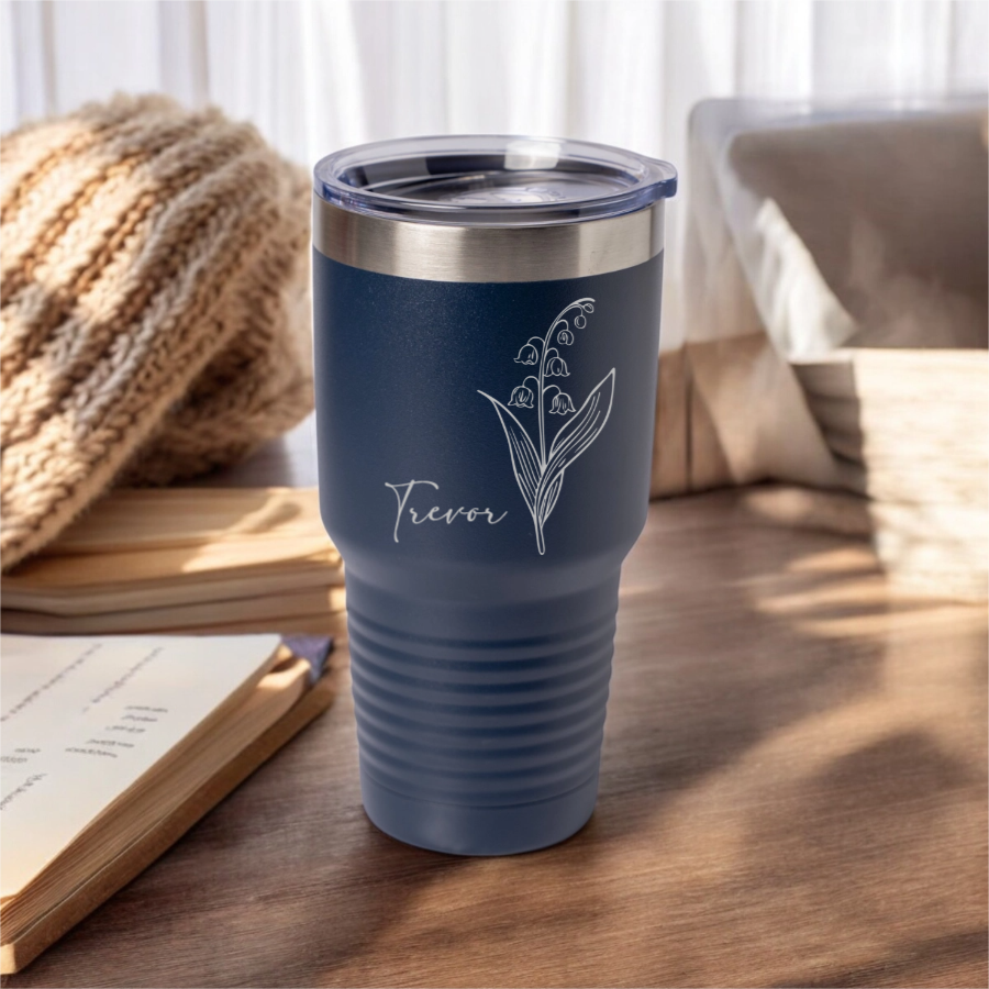 Customized 30oz Tumbler with Silver Lip - Birth Flower Designs (Horizontal Name)