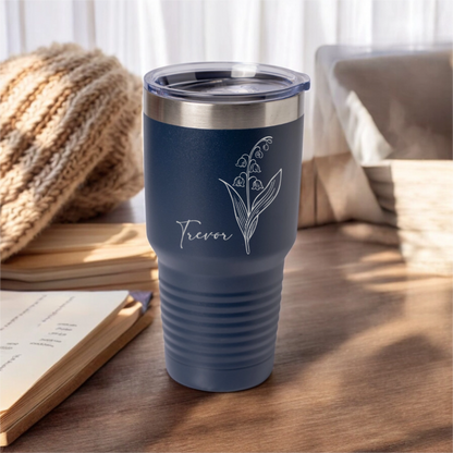Customized 30oz Tumbler with Silver Lip - Birth Flower Designs (Horizontal Name)