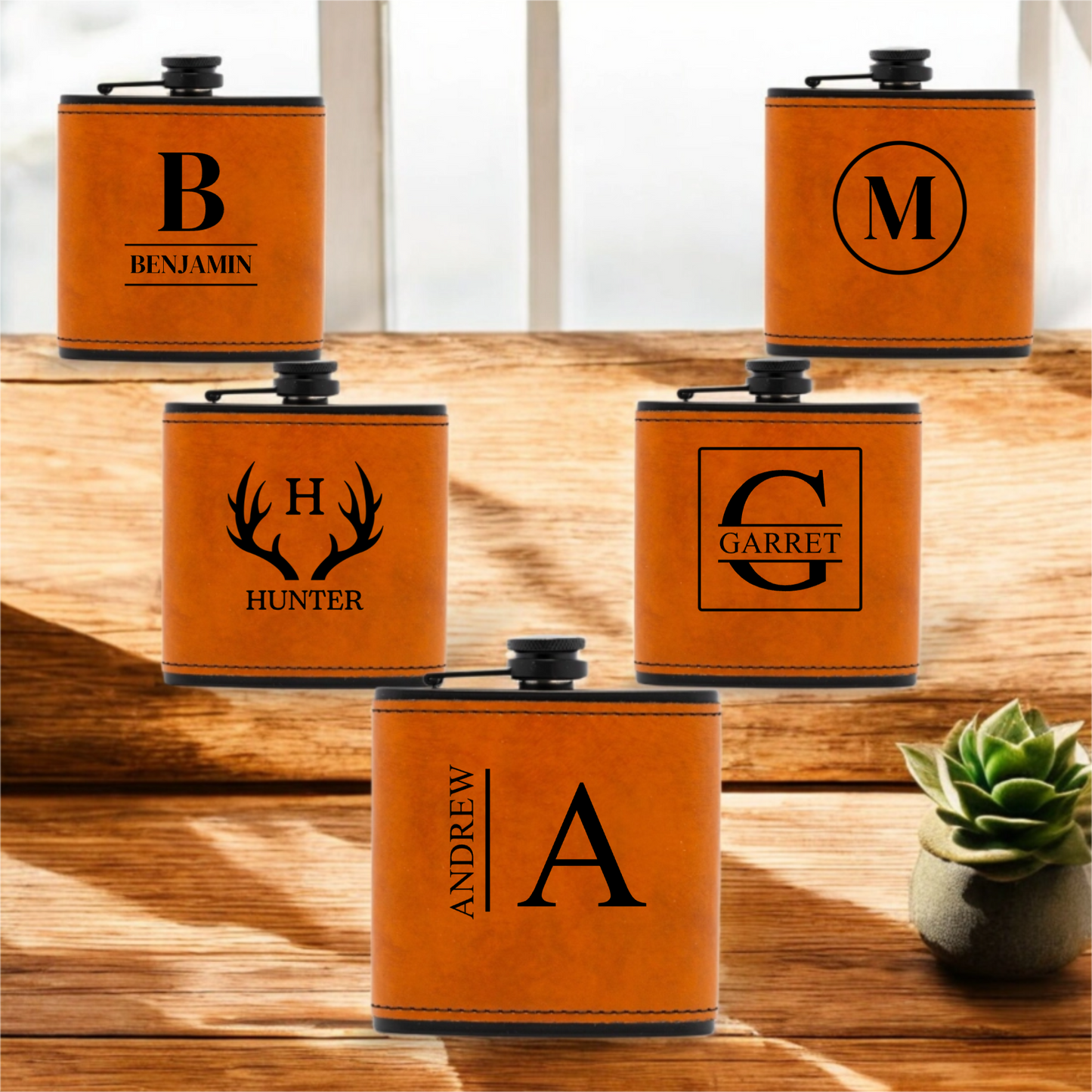 Groomsmen Gift Set of 5 Black Leather Flasks