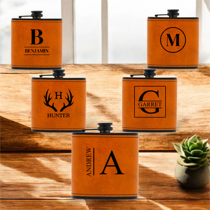 Groomsmen Gift Set of 5 Black Leather Flasks