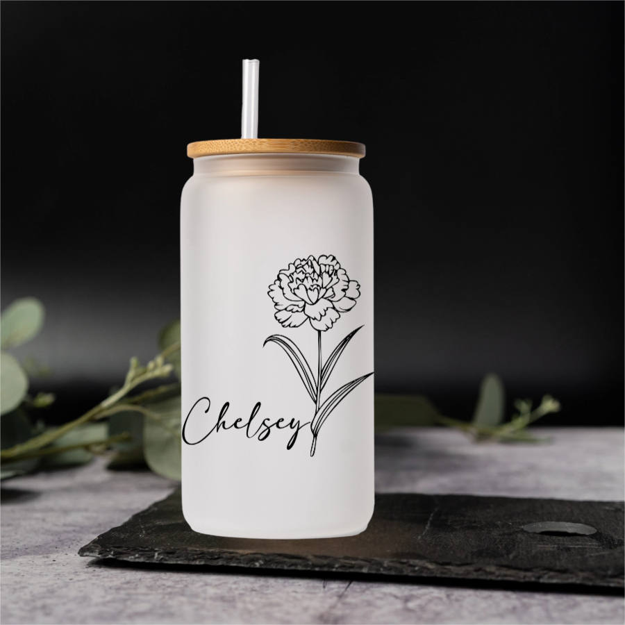 Customized Glass Cans - Birth Flower Designs (Horizontal Name)