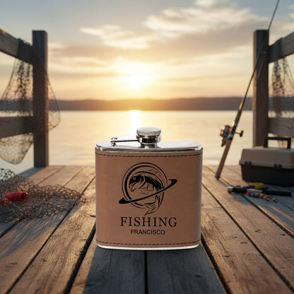 Customized Leather Wrapped Flasks With Fishing Designs