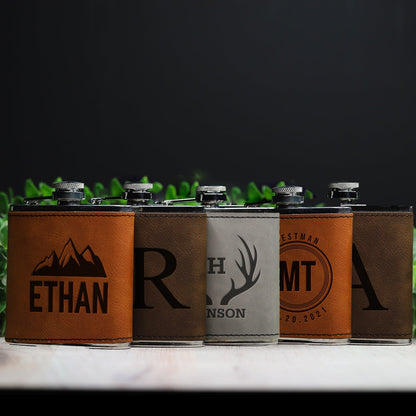 Groomsmen Gift Set of 5 Leather Wrapped Stainless Flasks