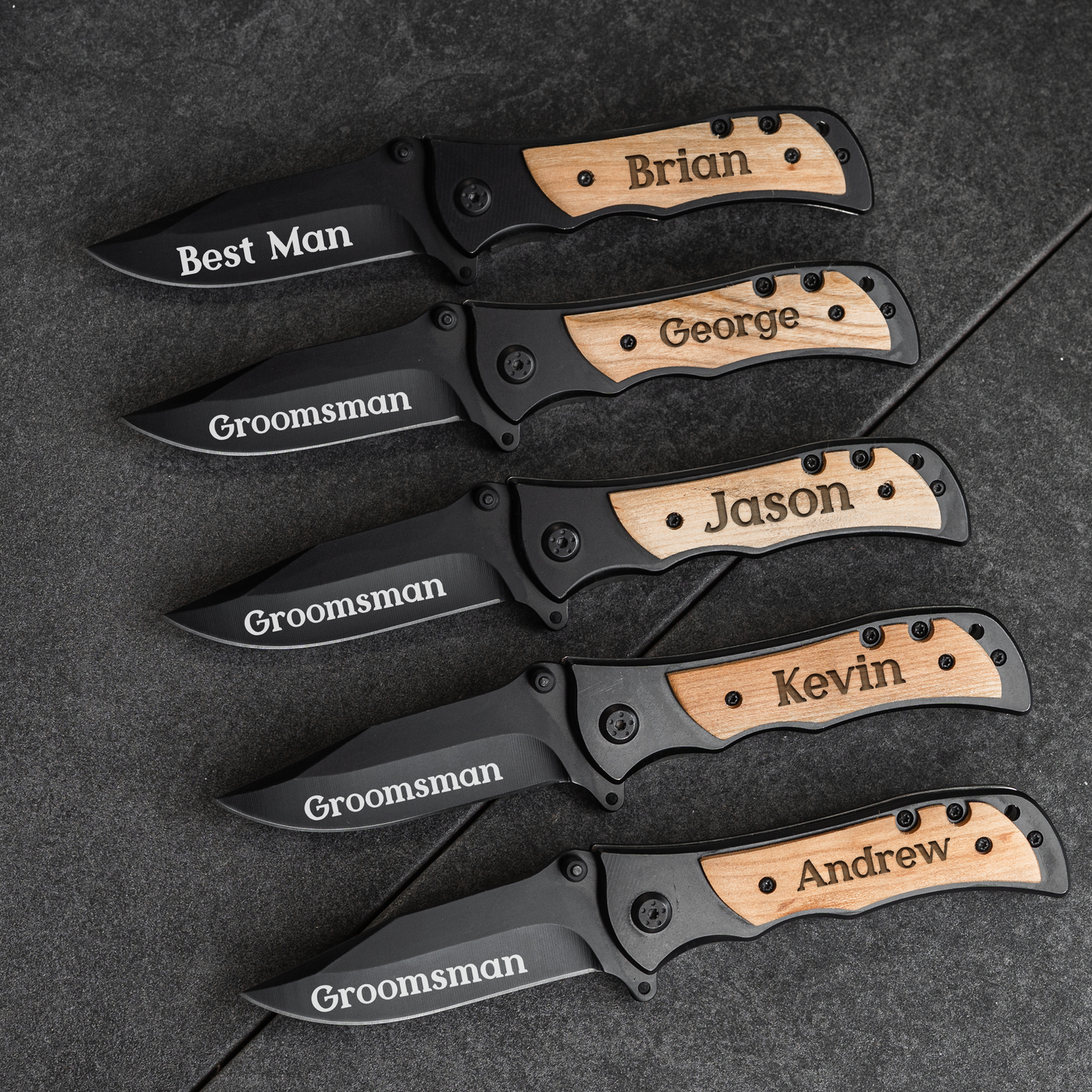Customized Groomsmen Set of 5 Black Metal Knives