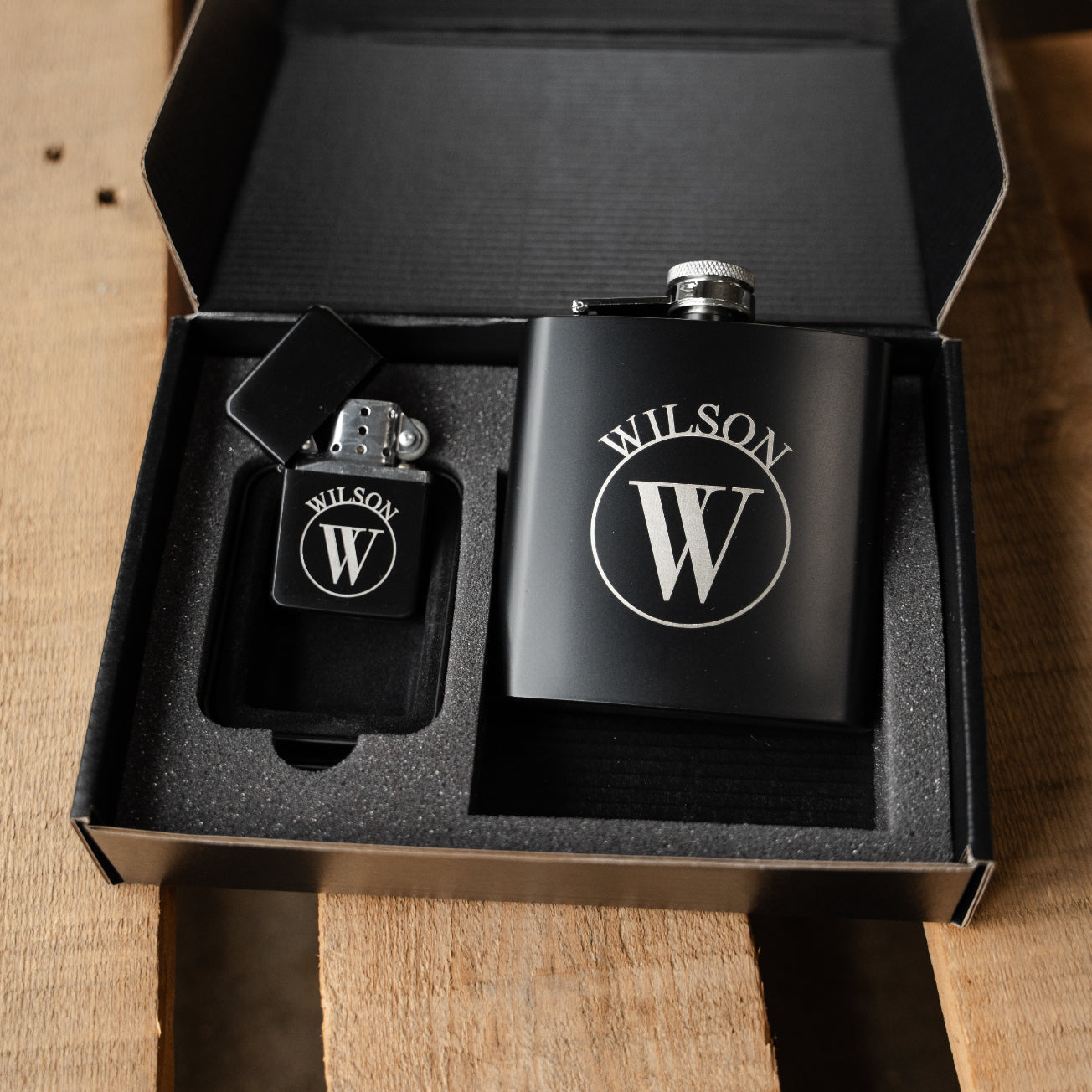 Customized Black Flask & Lighter Gift Set