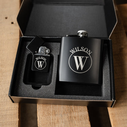 Customized Black Flask & Lighter Gift Set